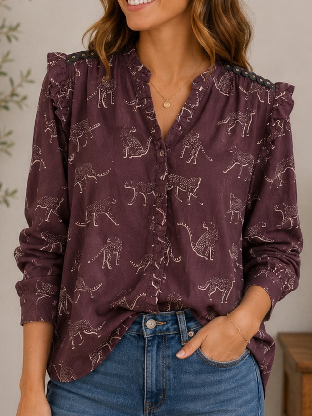 Sheridan French Cheetah Print Ruffle Blouse XS Plum Stud Shoulder Top